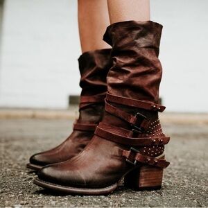 Freebird Boot Coy Buckle Strap Heeled Leather Slouchy Studded Rust 7 GUC